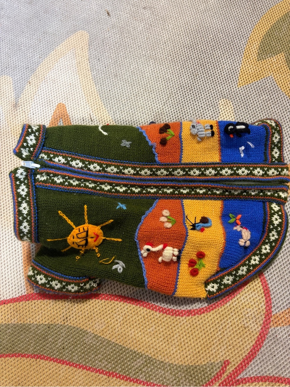 Peruvian knit alpaca multicolor storybook motif small dog sweater